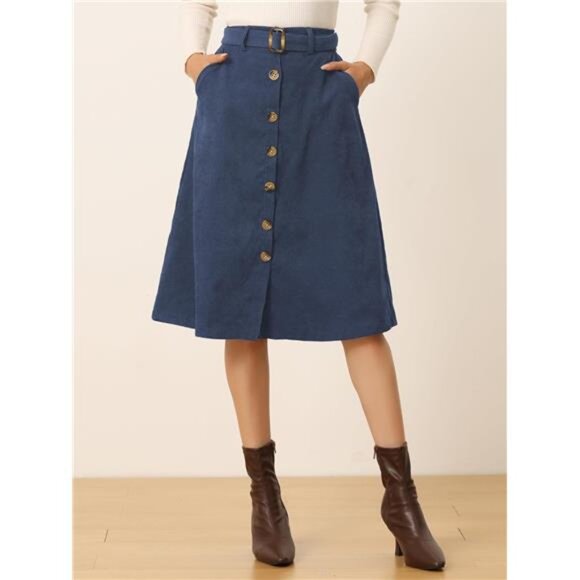 Womens High Waist Button Front A-Line Skirt Navy Blue - Picture 2 of 5